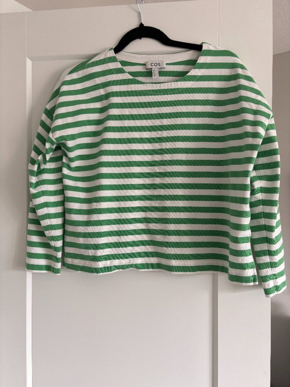 COS Green and White Striped Long Sleeved Boxy Fit Top